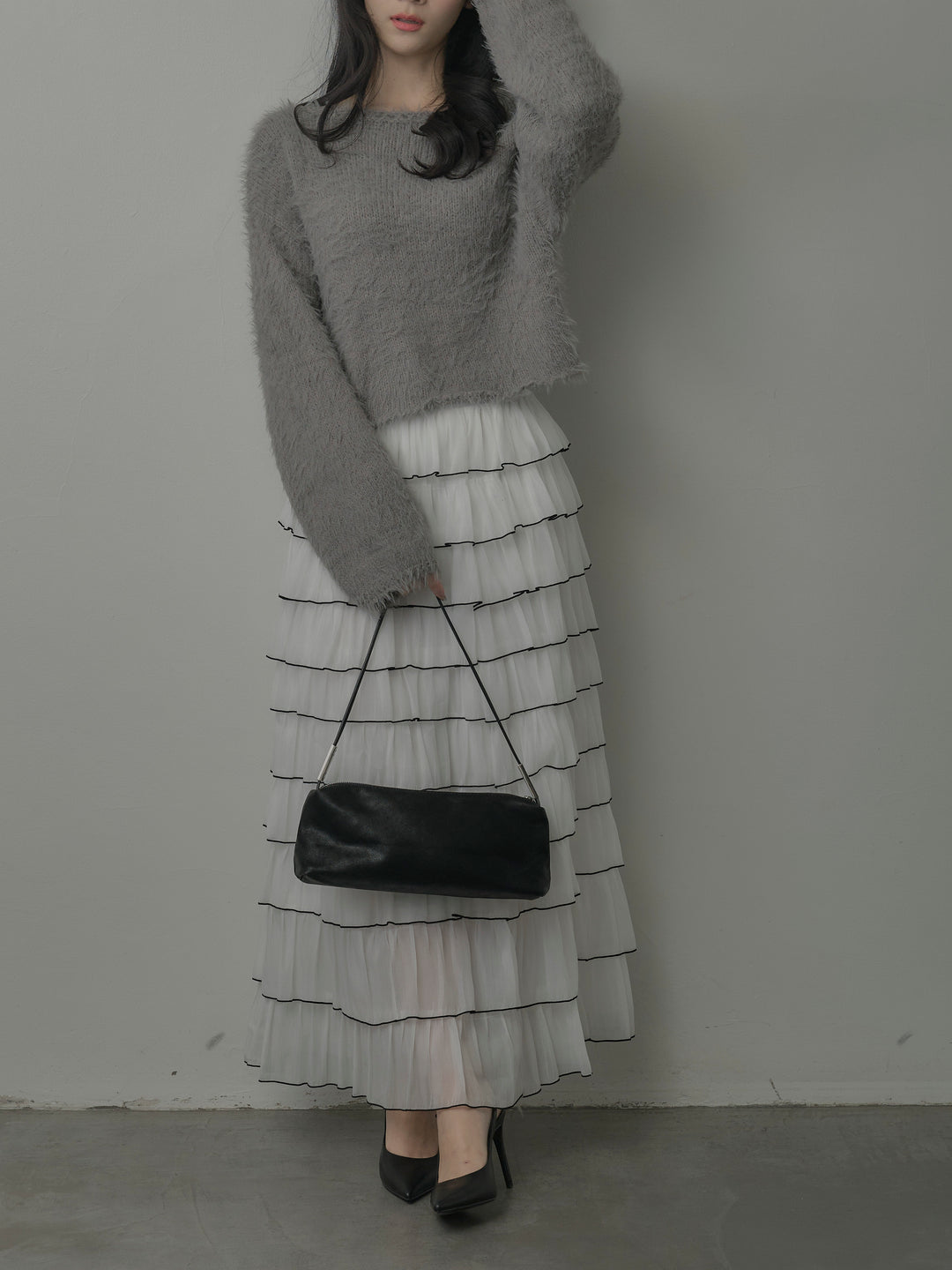 【SET】襟デザインシャギーニットトップス+バイカラーフリルチュールスカート(2set)