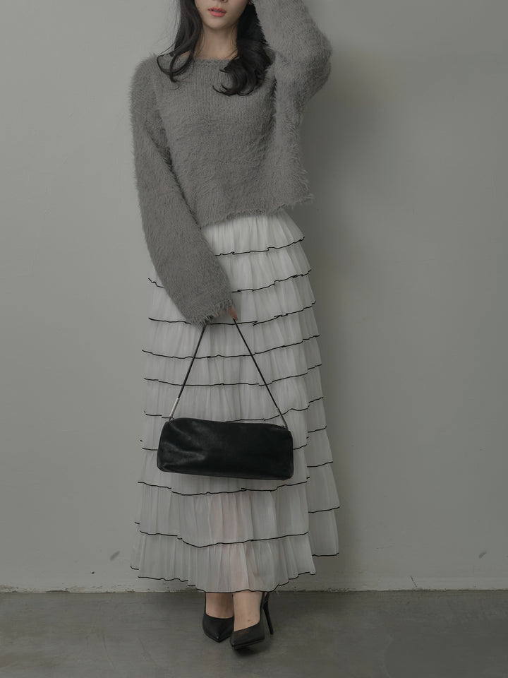 【SET】襟デザインシャギーニットトップス+バイカラーフリルチュールスカート(2set)