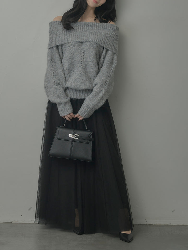 【SET】メランジニットオフショルトップス+ボリュームチュールスカート(2set)