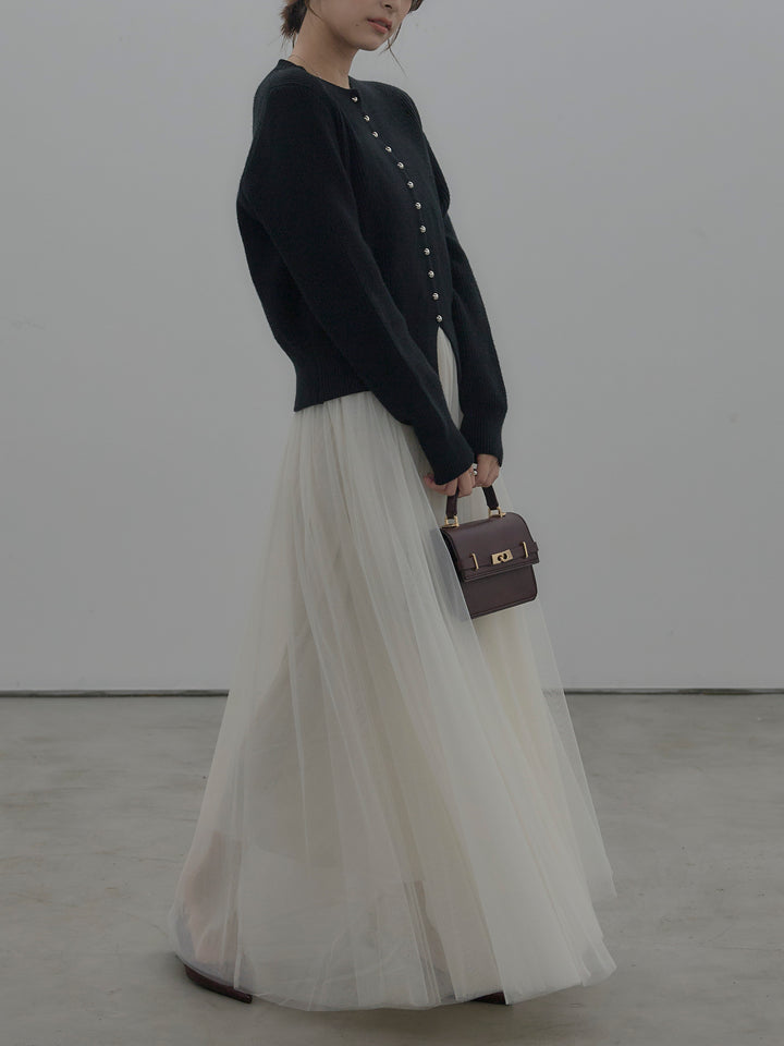 【SET】メタルボタンリブニットカーディガン+ボリュームチュールスカート(2set)