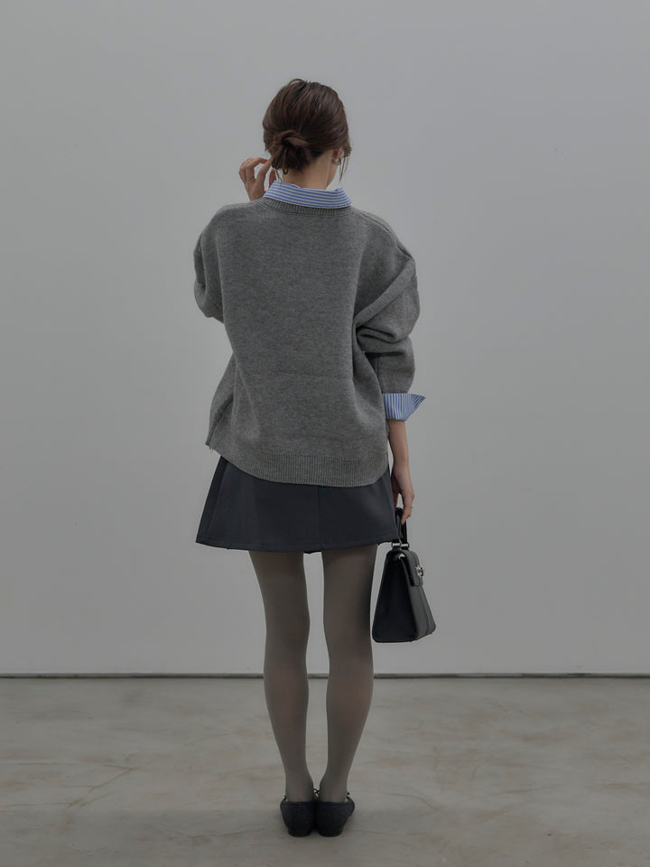 【SET】シャツドッキング肉厚ニットプルオーバー+ベルト付きプリーツミニスカート(2set)