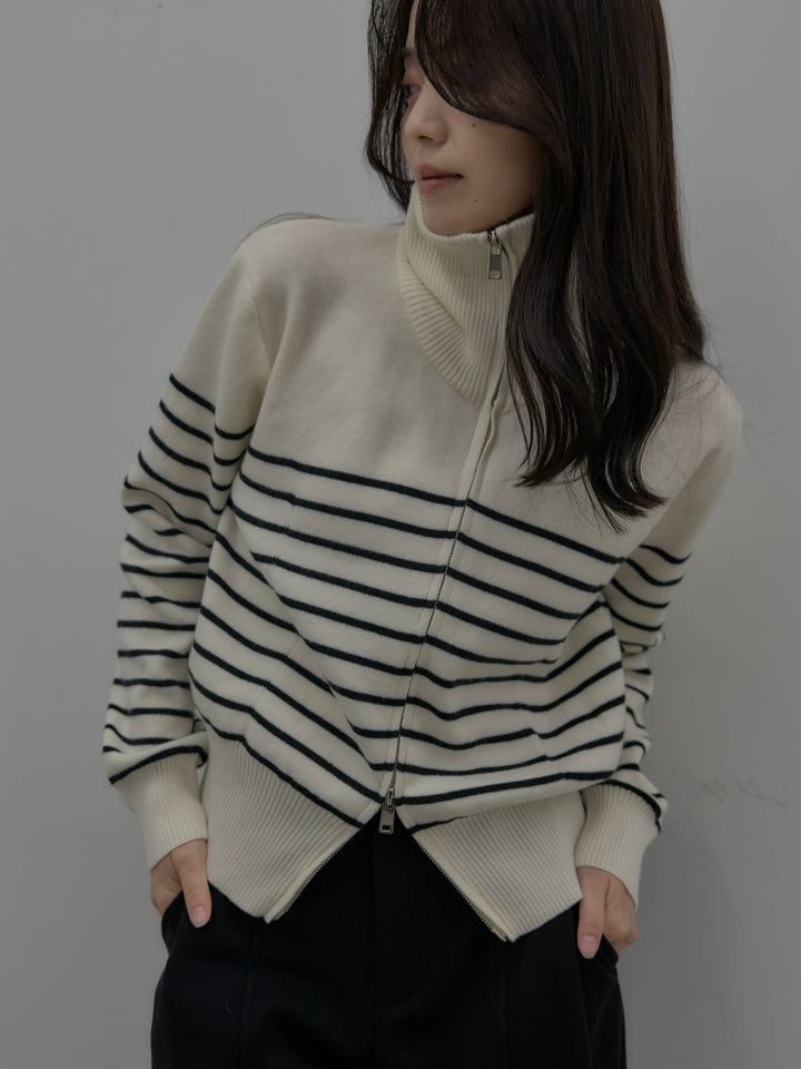 ダブルZIPハイネックボーダーニットトップス