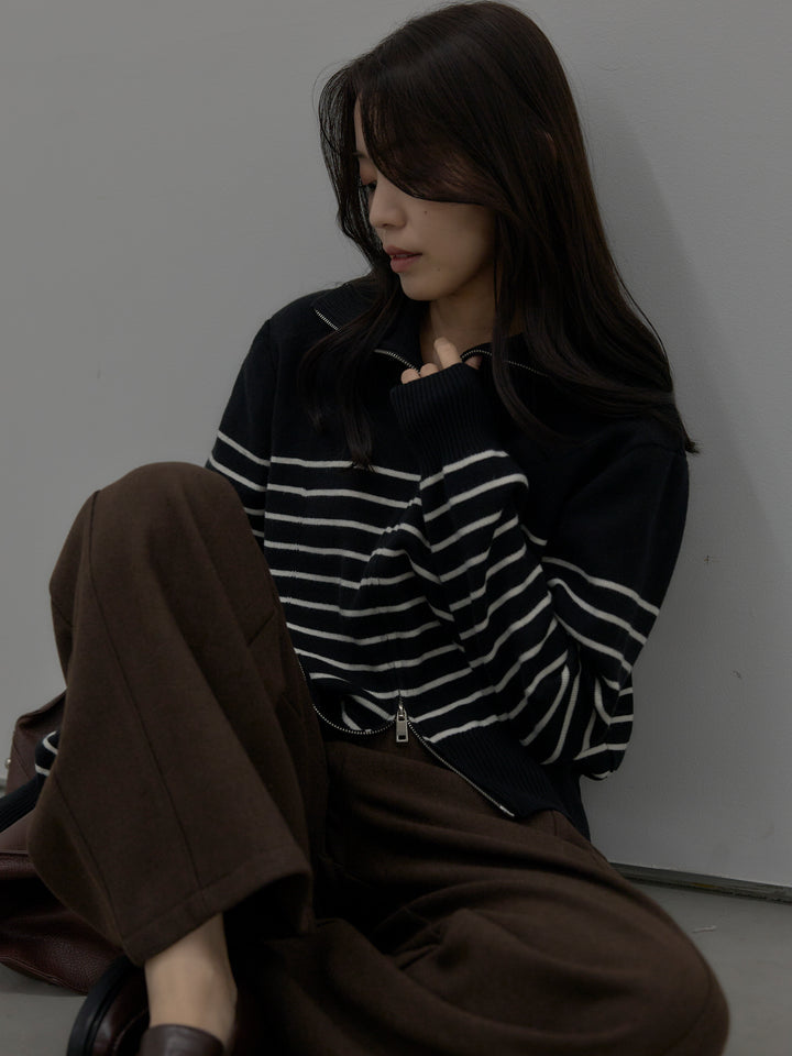 ダブルZIPハイネックボーダーニットトップス