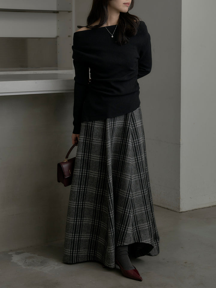 【SET】サイドスリットボートネックニットトップス+【Essential】クラシカルチェックウールタッチスカート(2set)