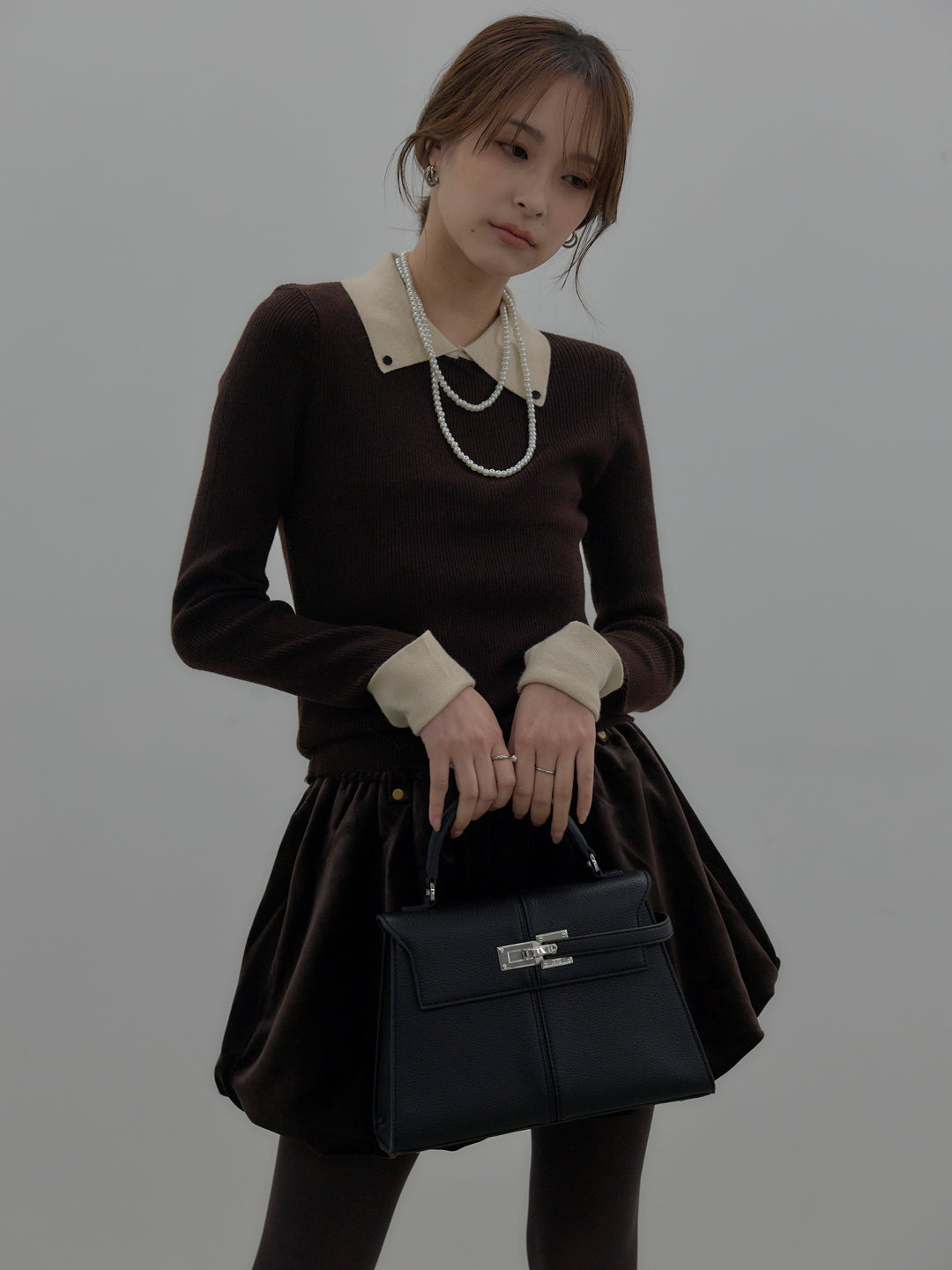 【SET】配色カフスニットポロ+ベロアバルーンミニスカート(インパン付き)(2set)