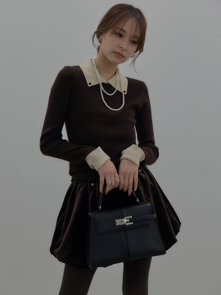 【SET】配色カフスニットポロ+ベロアバルーンミニスカート(インパン付き)(2set)