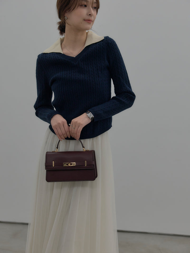 配色Vネックケーブルニットトップス