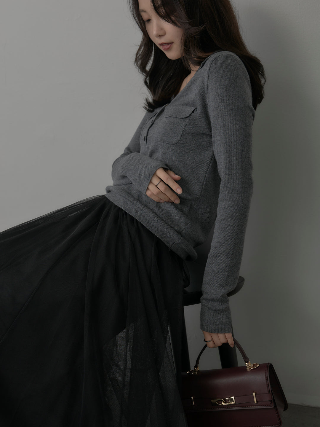 【SET】ポケットデザインリブニットトップス+ボリュームチュールスカート(2set)