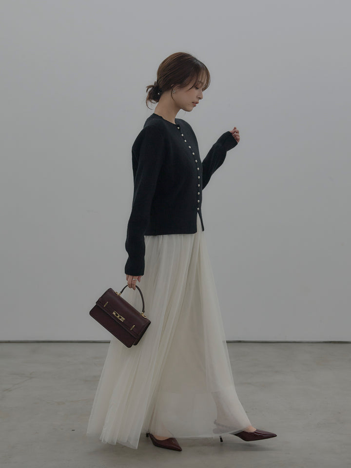 【SET】メタルボタンリブニットカーディガン+ボリュームチュールスカート(2set)
