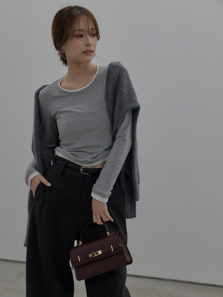 【SET】バイカラーレイヤードカットソー+カーブデザインスウェットライクパンツ(2set)