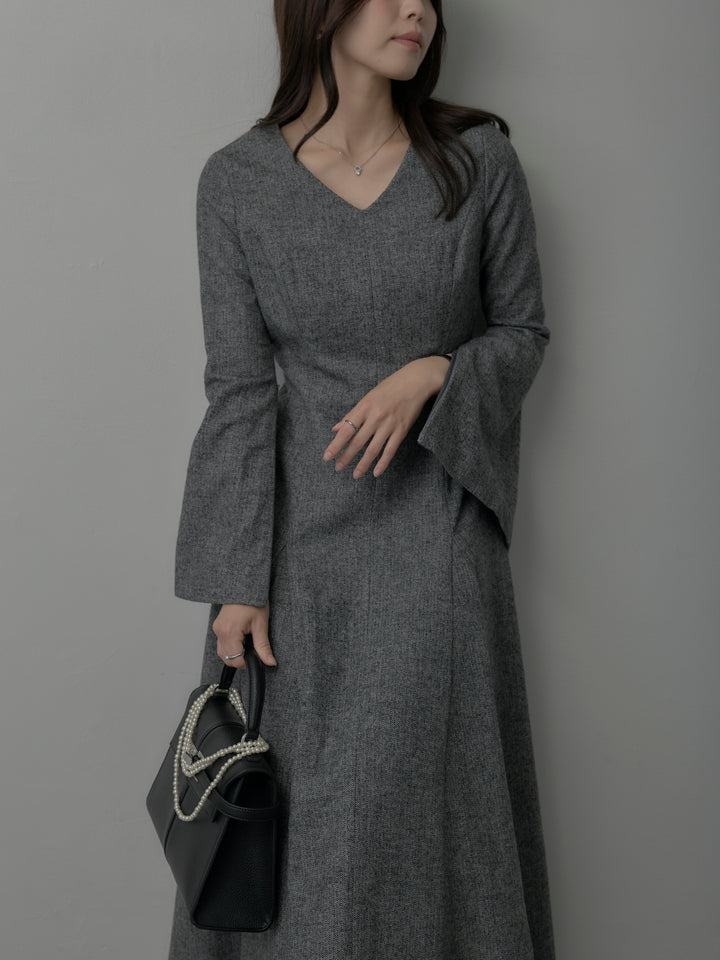 【Essential】2wayスリーブヘリンボーンフレアワンピース