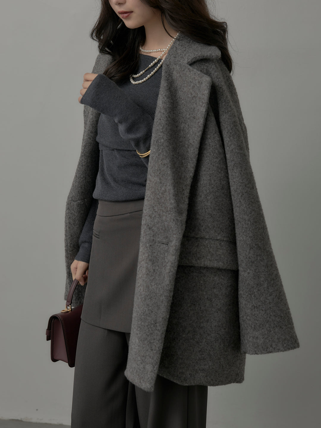 【SET】【Essential】オーバーサイズジャケットコート+オフショルリブニットトップス+ラップワイドパンツ(3set)