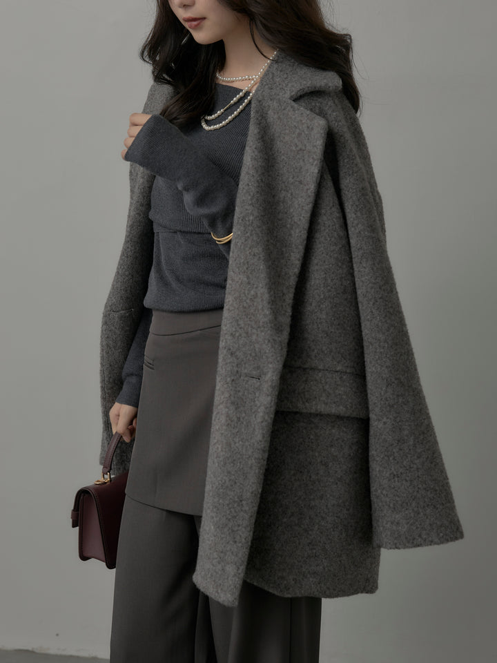 【SET】【Essential】オーバーサイズジャケットコート+オフショルリブニットトップス+ラップワイドパンツ(3set)