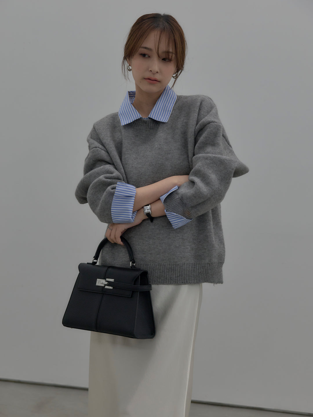 【SET】シャツドッキング肉厚ニットプルオーバー+ナローAラインサテンスカート(2set)