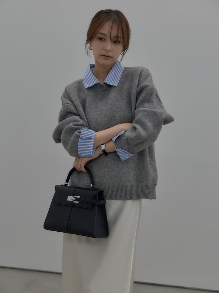 【SET】シャツドッキング肉厚ニットプルオーバー+ナローAラインサテンスカート(2set)