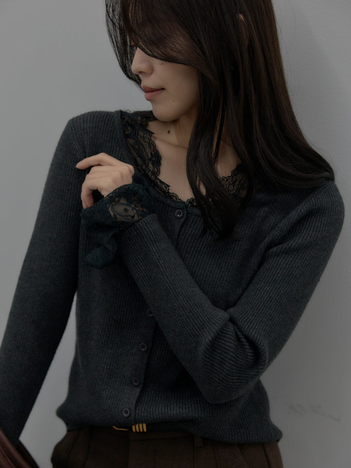 【SET】レースドッキングリブニットトップス+裏起毛デザインワイドパンツ(2set)