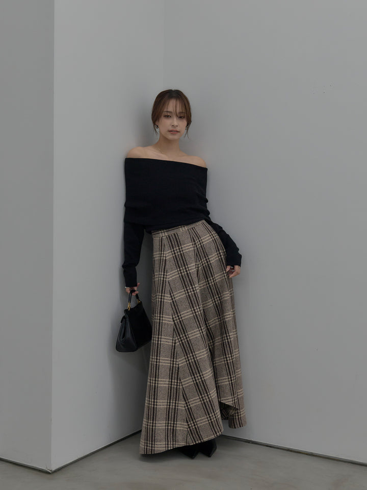 【SET】【premium touch】ソフトリブオフショルニットトップス+【Essential】クラシカルチェックウールタッチスカート(2set)