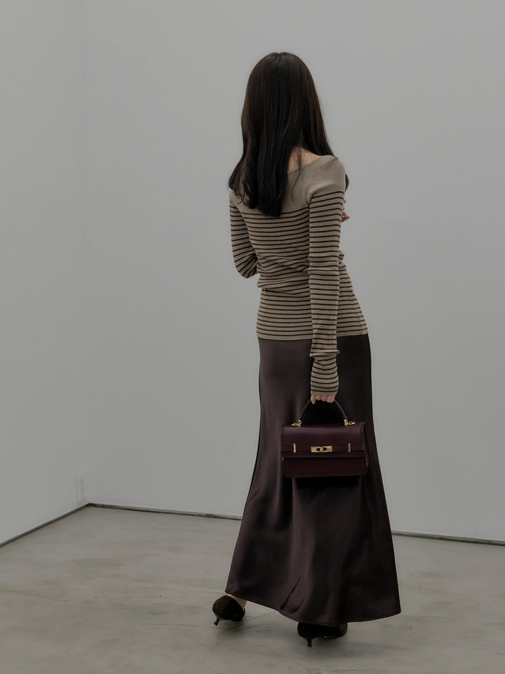 【SET】ハーフボーダーニットトップス+ナローAラインサテンスカート(2set)