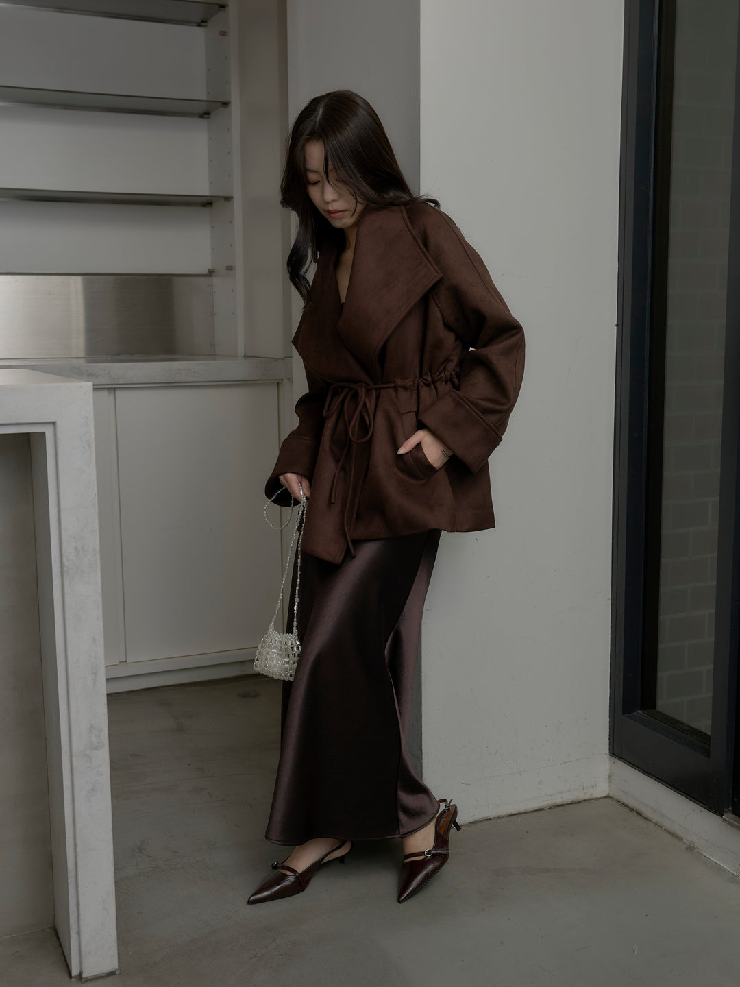 【SET】BIGカラースウェードジャケット+ナローAラインサテンスカート(2set)