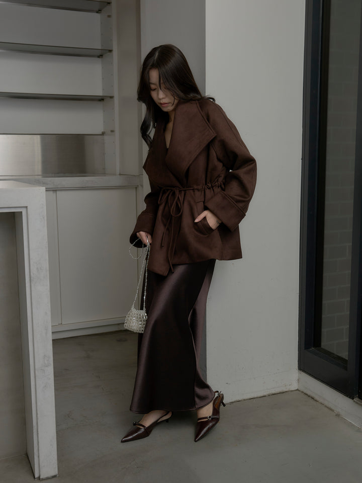 【SET】BIGカラースウェードジャケット+ナローAラインサテンスカート(2set)