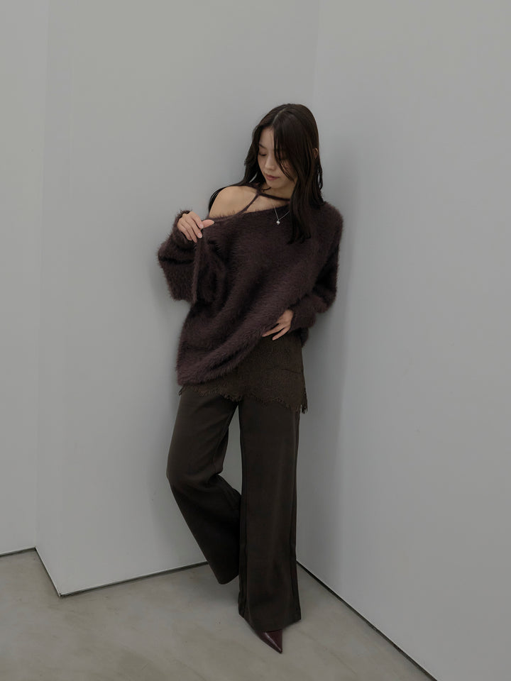 【SET】ネックリボンワンショルダーシャギーニット+レースレイヤードセミフレアパンツ(2set)