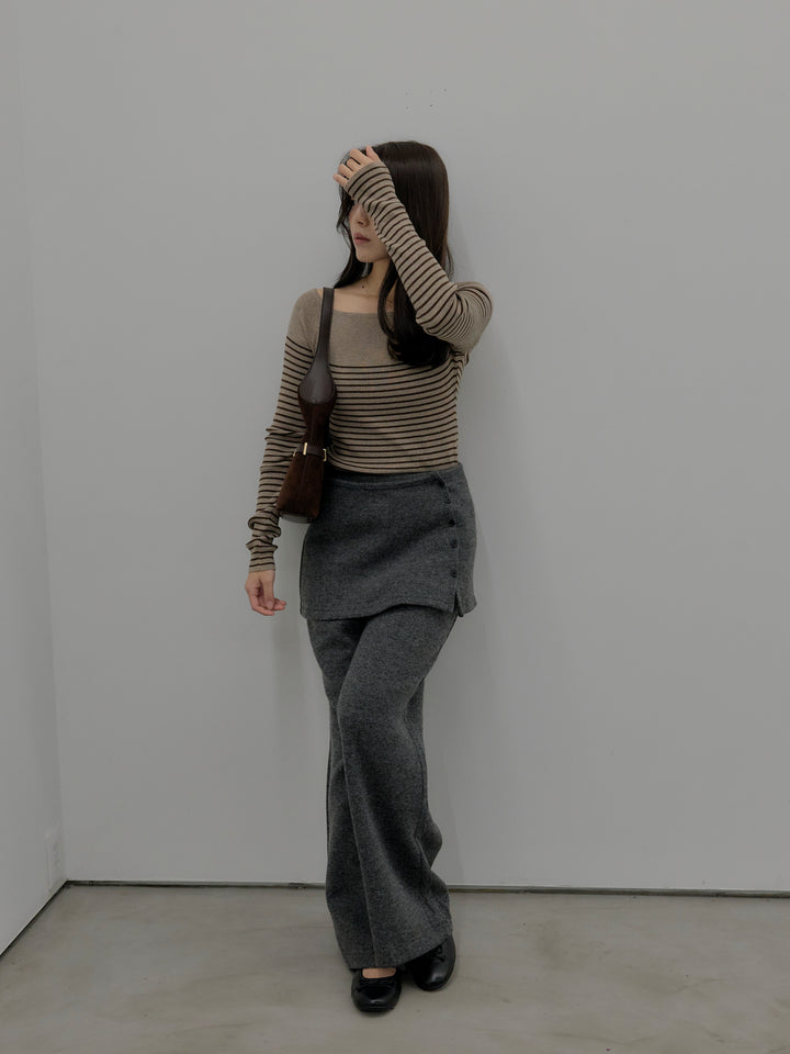 【SET】ハーフボーダーニットトップス+ミックスヤーンニットラップパンツ(2set)