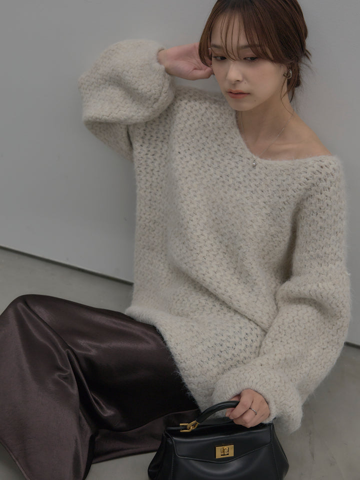 【SET】ラメ糸ローゲージ編みオーバーニットトップス+ナローAラインサテンスカート(2set)