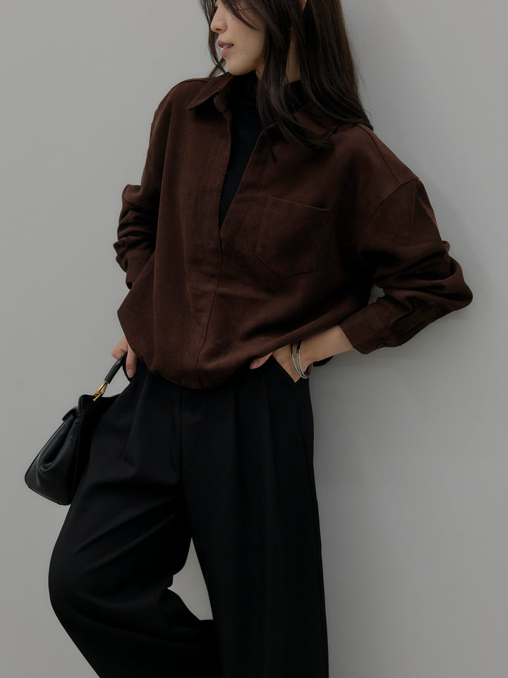 ドッキングデザイン裾ドロストスエードシャツ