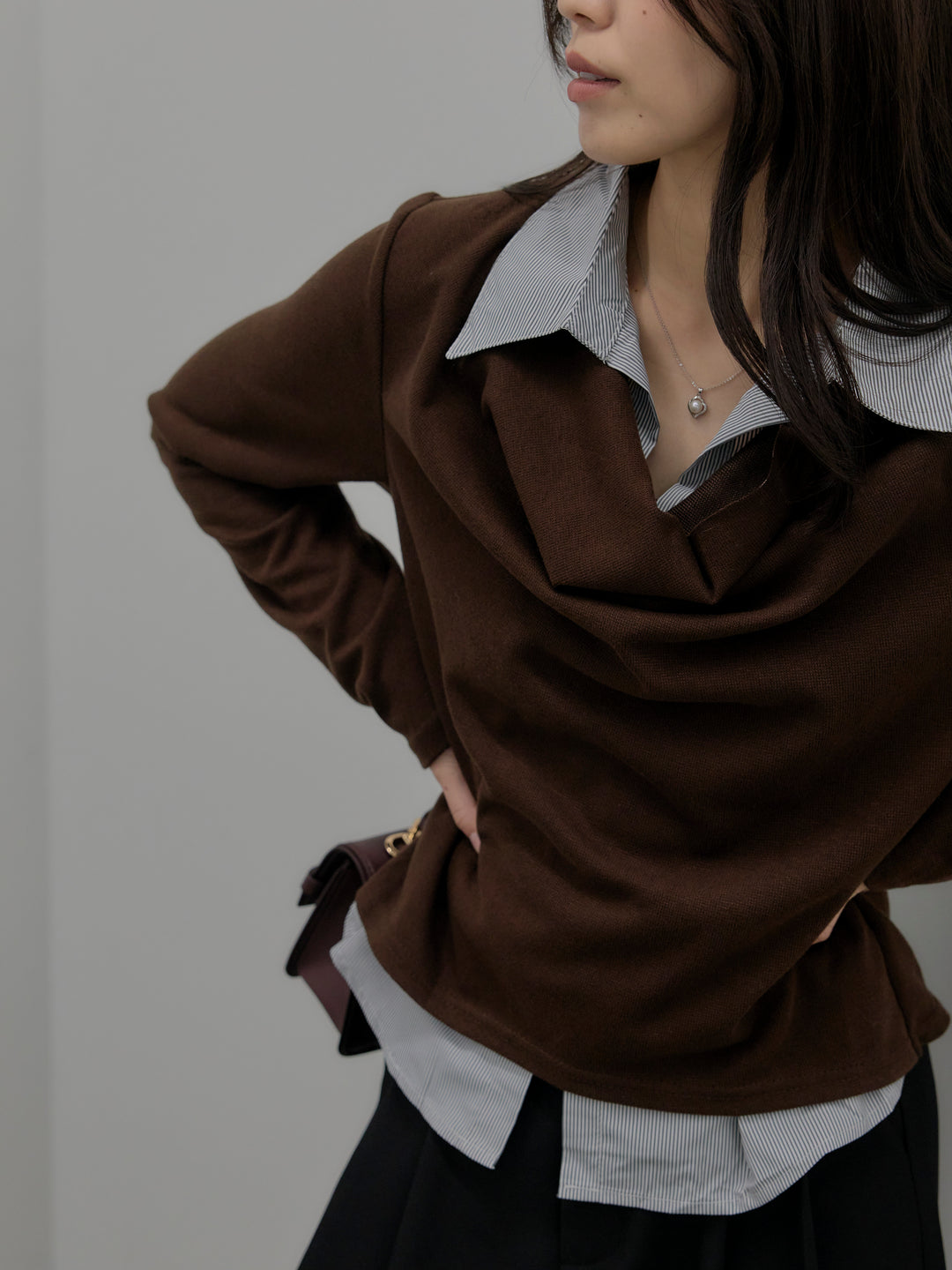 【SET】シャツレイヤードドレープニットトップス+デザインタックワイドパンツ(2set)