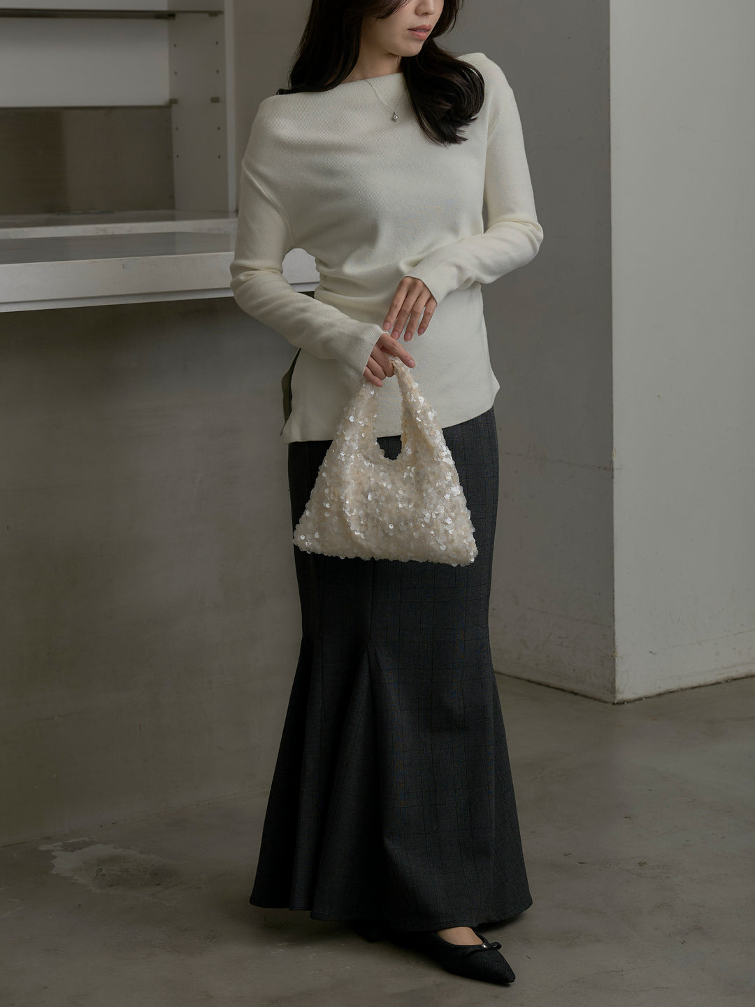 【SET】サイドスリットボートネックニットトップス+【Essential】チェック柄マーメイドスカート(2set)