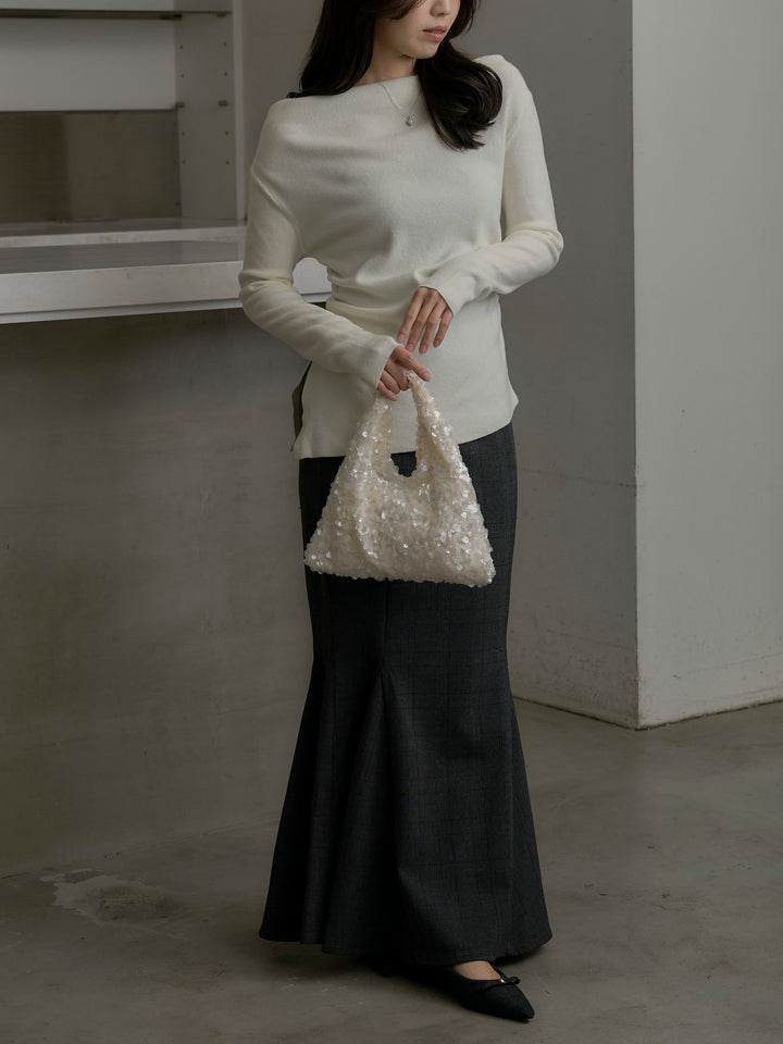 【SET】サイドスリットボートネックニットトップス+【Essential】チェック柄マーメイドスカート(2set)