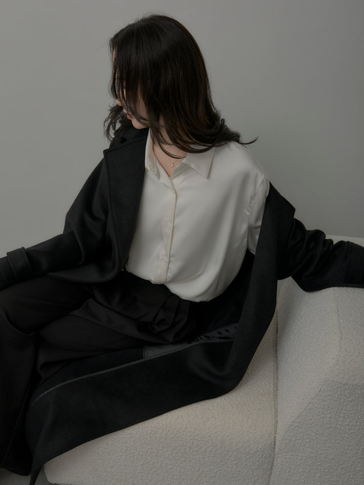 【SET】【Essential】ソフトウールリバートレンチコート+ケープ付きオーバーサテンシャツ+【Essential】３タックスラックス(3set)