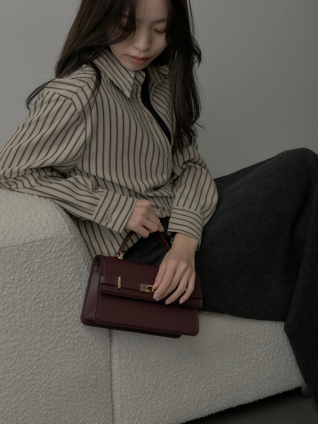 【SET】スエードタッチドッキングデザインストライプシャツ+リラクシーフレアロングスカート(2set)