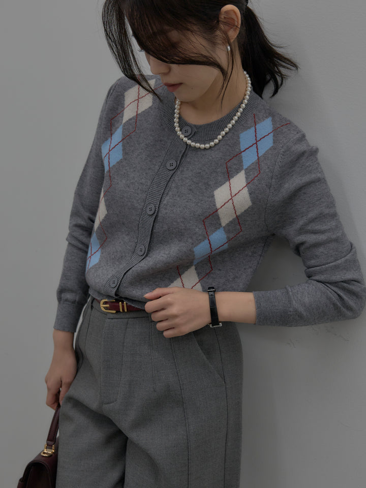 【SET】アーガイル柄ニットカーディガン+裏起毛デザインワイドパンツ(2set)