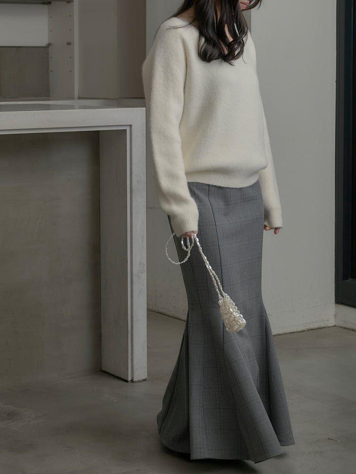 【SET】モヘアタッチVネックニットプルオーバー+【Essential】チェック柄マーメイドスカート(2set)