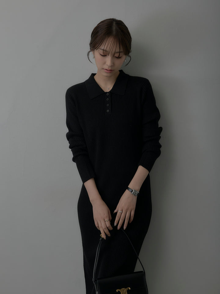 ポロ襟リブニットワンピース