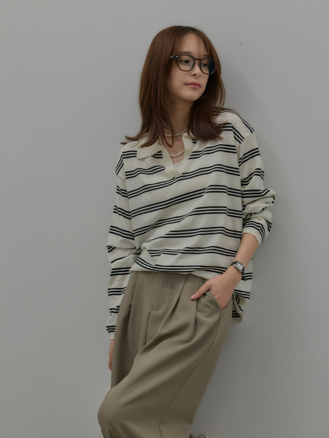 ボーダーポロ襟ニットプルオーバー