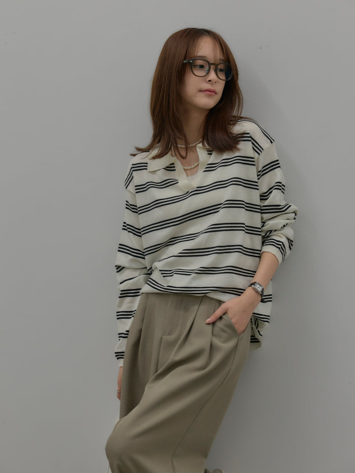 ボーダーポロ襟ニットプルオーバー