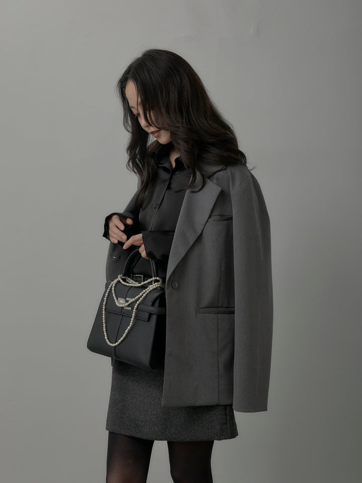 【SET】【Essential】ボックスシルエットテーラードジャケット+ケープ付きオーバーサテンシャツ+【Essential】ウールタッチミニスカート(3set)