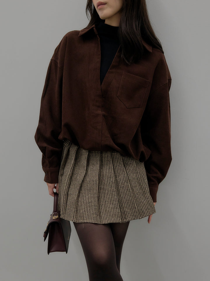 ドッキングデザイン裾ドロストスエードシャツ