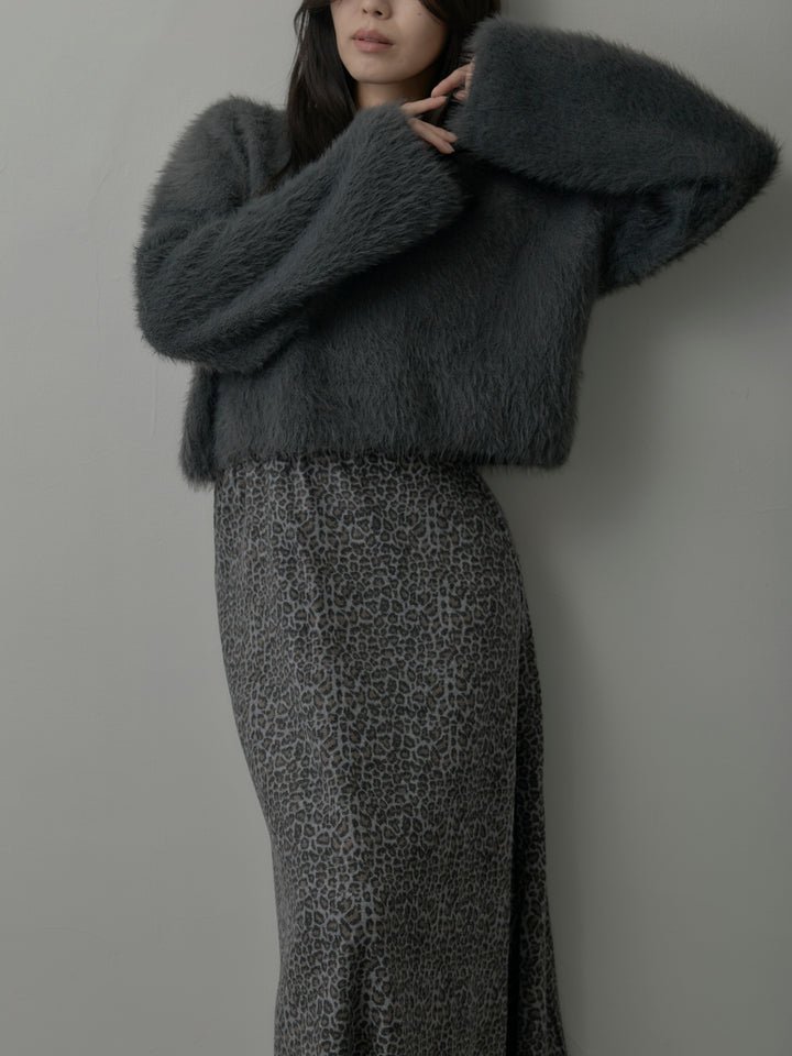 【SET】クロップドシャギーニットトップス+レオパードウールタッチフレアスカート(2set)