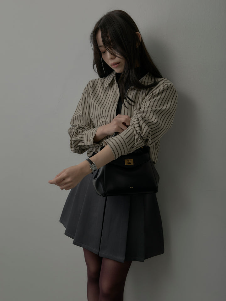 【SET】スエードタッチドッキングデザインストライプシャツ+ベルト付きプリーツミニスカート(2set)