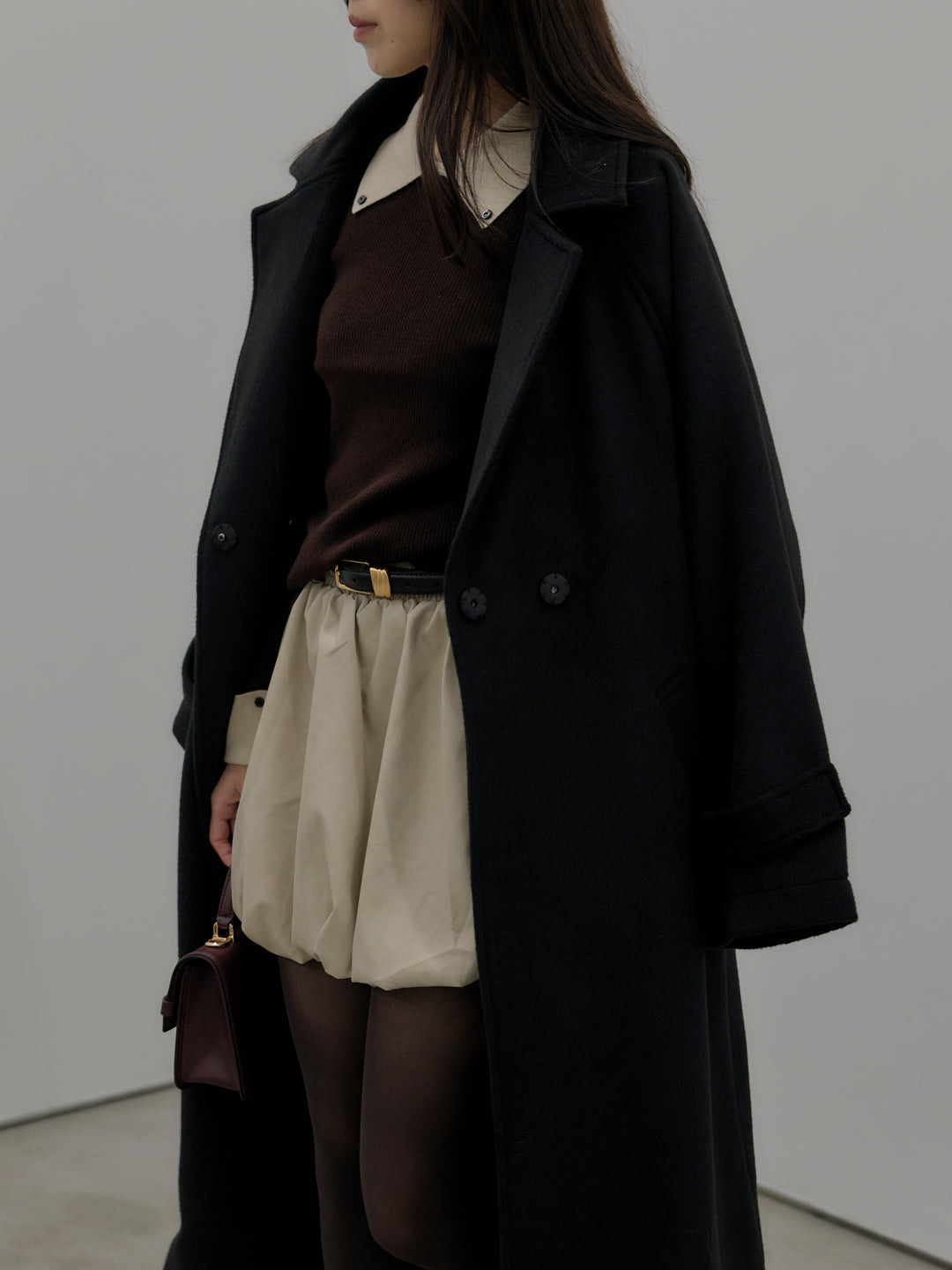 【SET】配色カフスニットポロ+ソフトレザーバルーンミニスカート(2set)