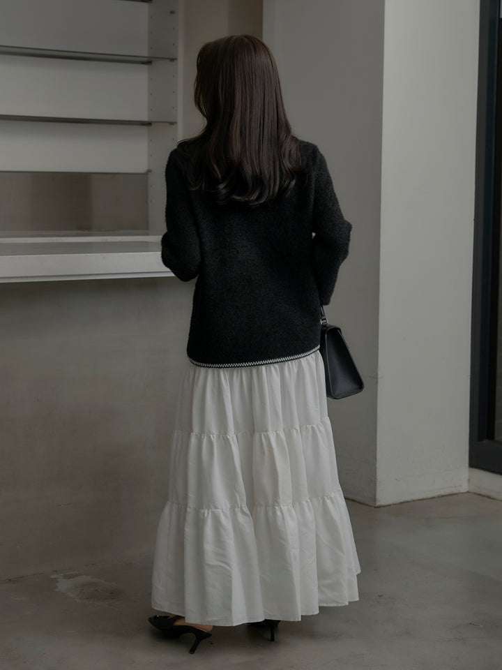 【SET】モヘアタッチパールボタンニットカーディガン+【Essential】ピーチスキンティアードスカート(2set)