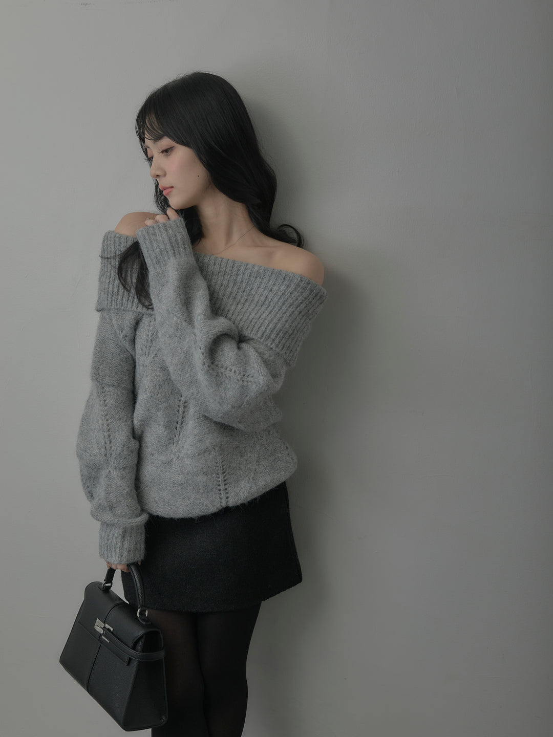 【SET】メランジニットオフショルトップス+ブークレ台形ミニスカート (2set)