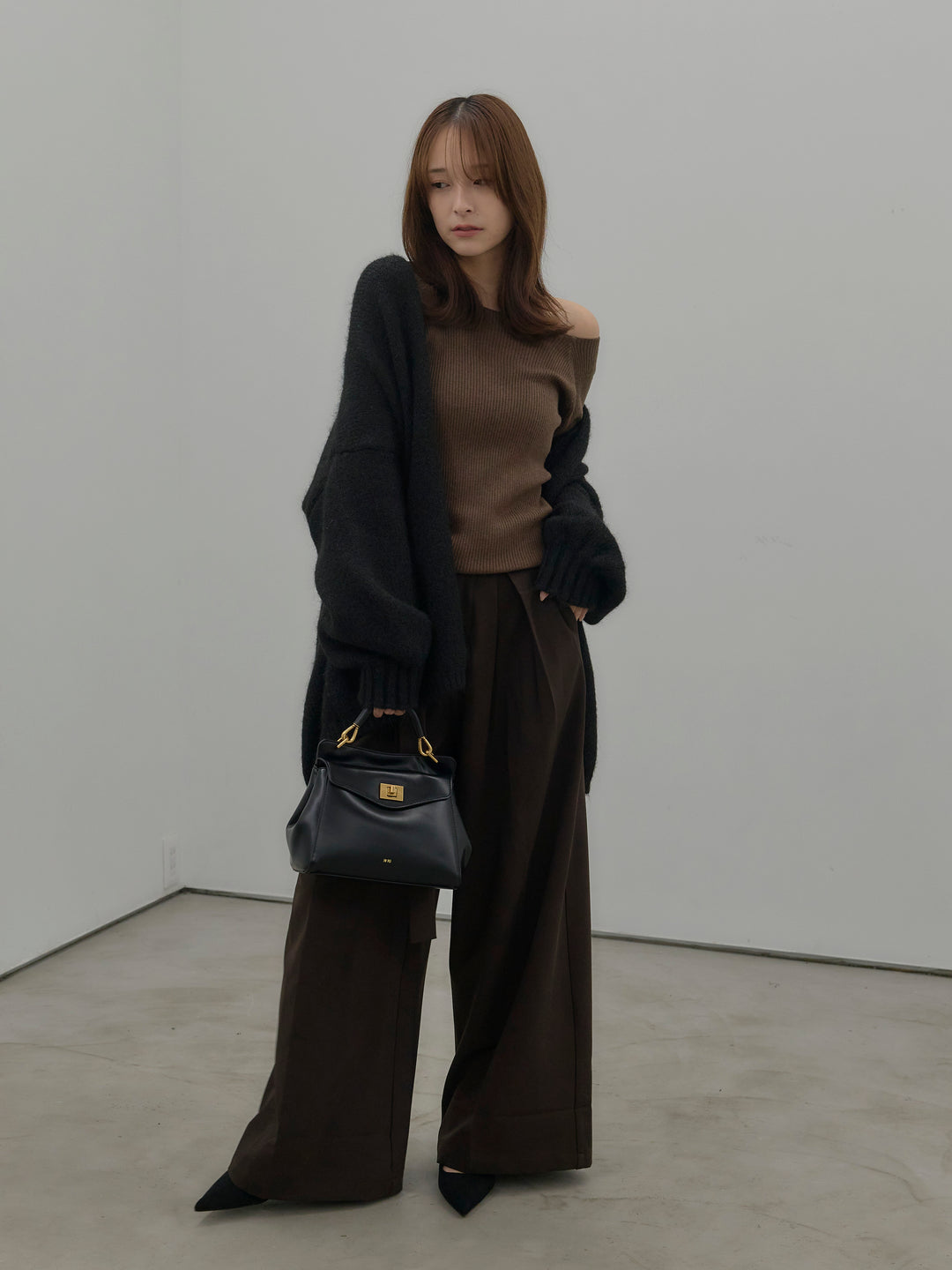 【SET】スクエアネックリブニット+ウエストリボンワイドパンツ(2set)