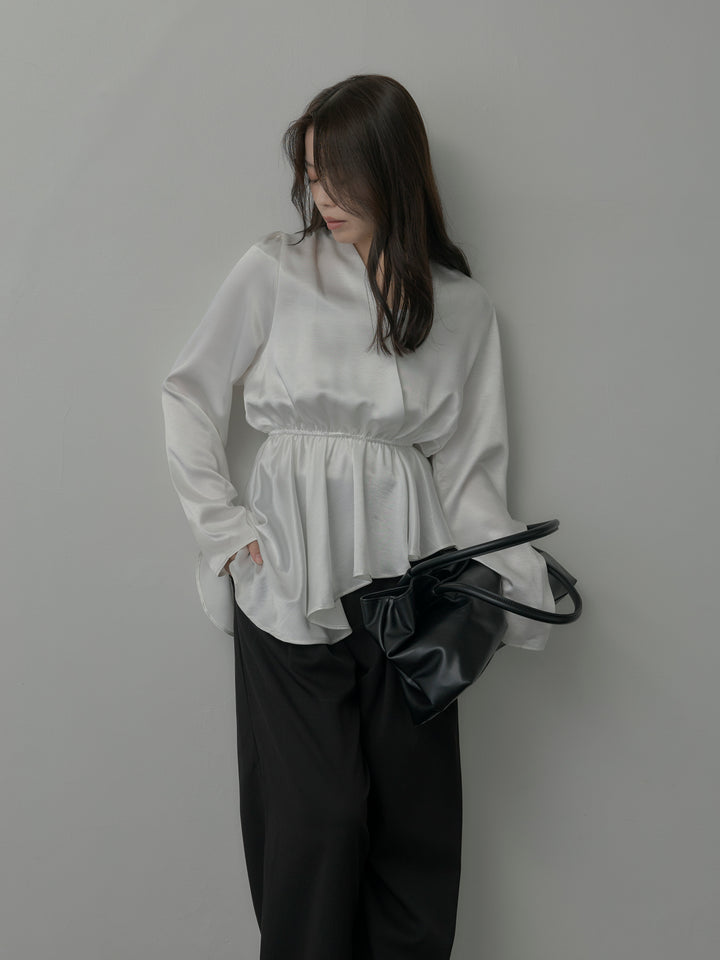 【SET】Vネックアシメサテンブラウス+【Essential】３タックスラックス(2set)