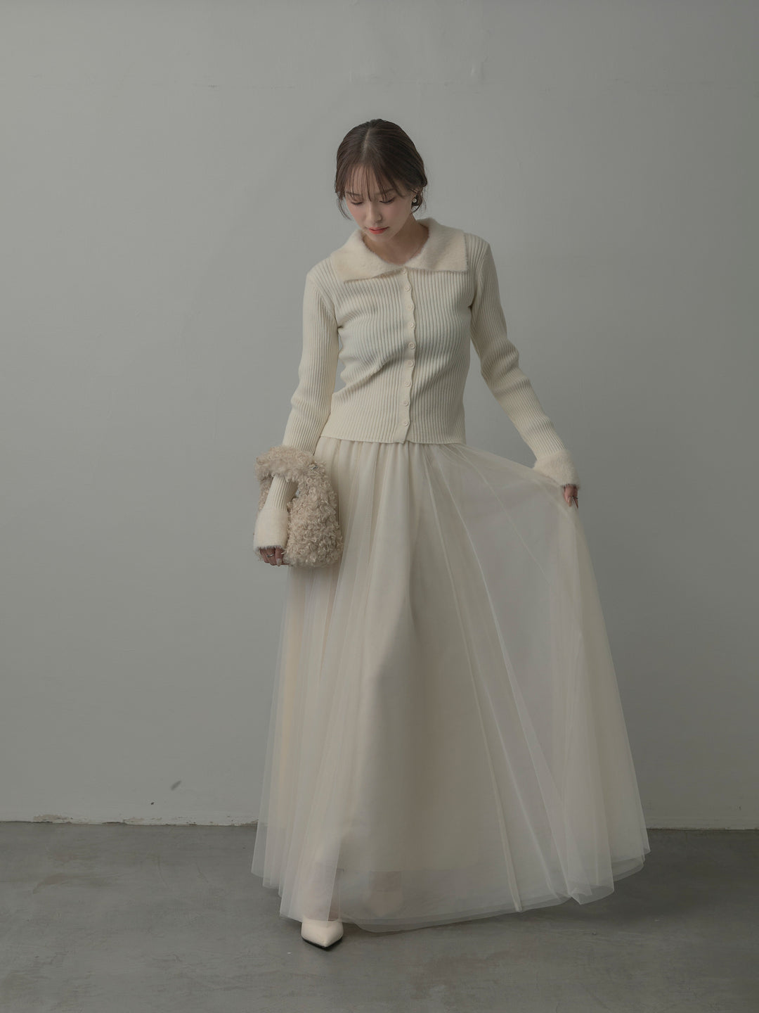 【SET】シャギー襟リブニットポロトップス+ボリュームチュールスカート(2set)