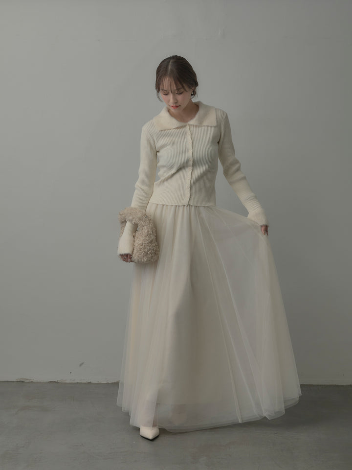【SET】シャギー襟リブニットポロトップス+ボリュームチュールスカート(2set)