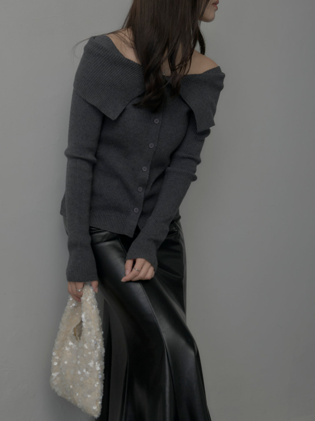 【SET】オフショルライクリブニットトップス+レザーマーメイドスカート(2set)